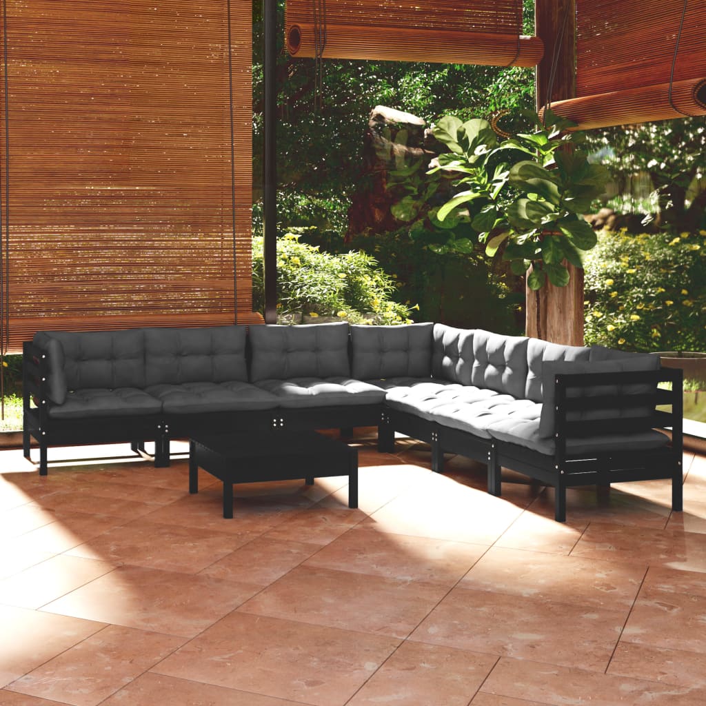 8 pcs conjunto lounge jardim c/ almofadões pinho maciço preto