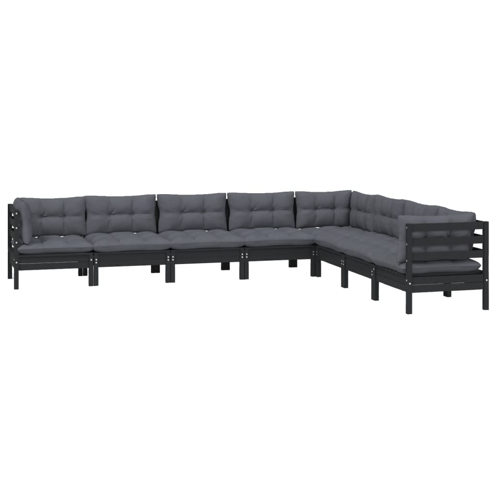 8 pcs conjunto lounge jardim c/ almofadões pinho maciço preto