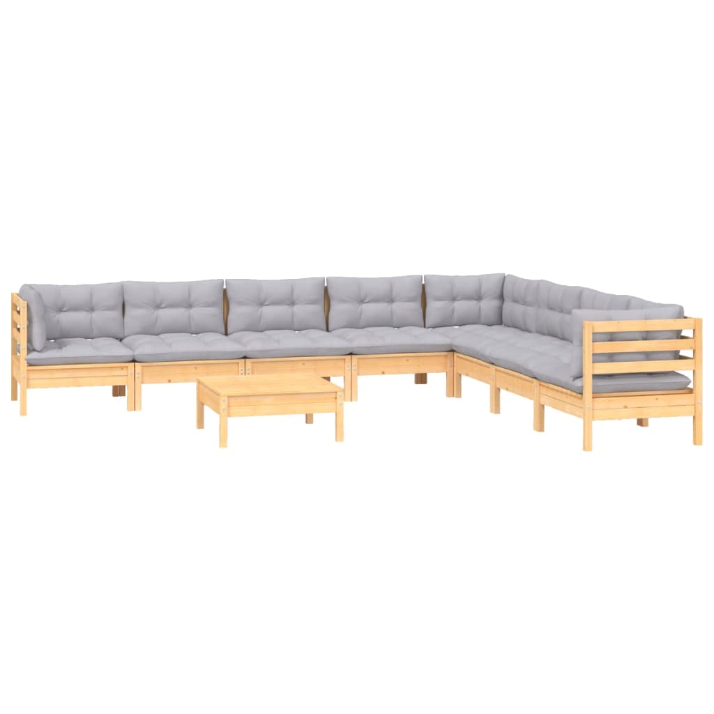 9 pcs conjunto lounge de jardim + almofadões cinza pinho maciço