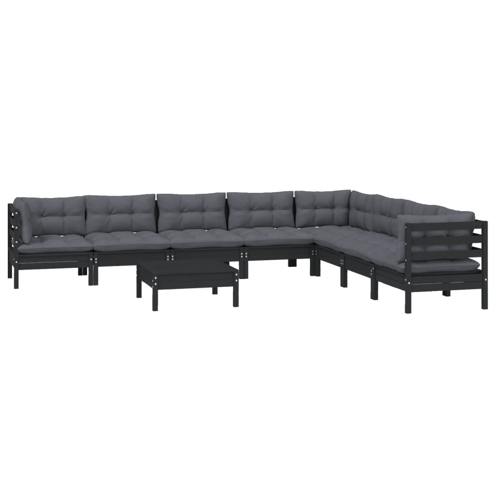 9 pcs conjunto lounge jardim c/ almofadões pinho maciço preto