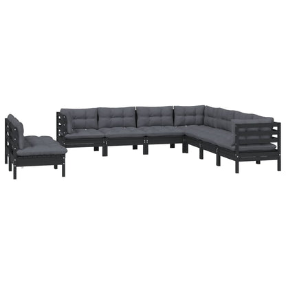 9 pcs conjunto lounge jardim c/ almofadões pinho maciço preto