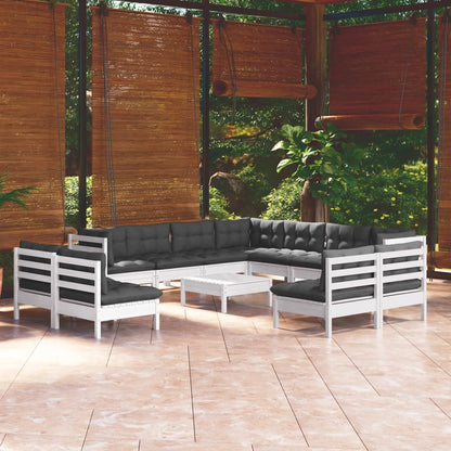 12 pcs conj. lounge de jardim c/ almofadões pinho maciço branco