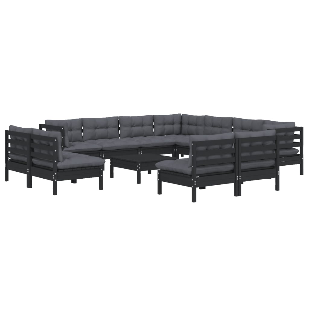 12 pcs conjunto lounge jardim c/ almofadões pinho maciço preto