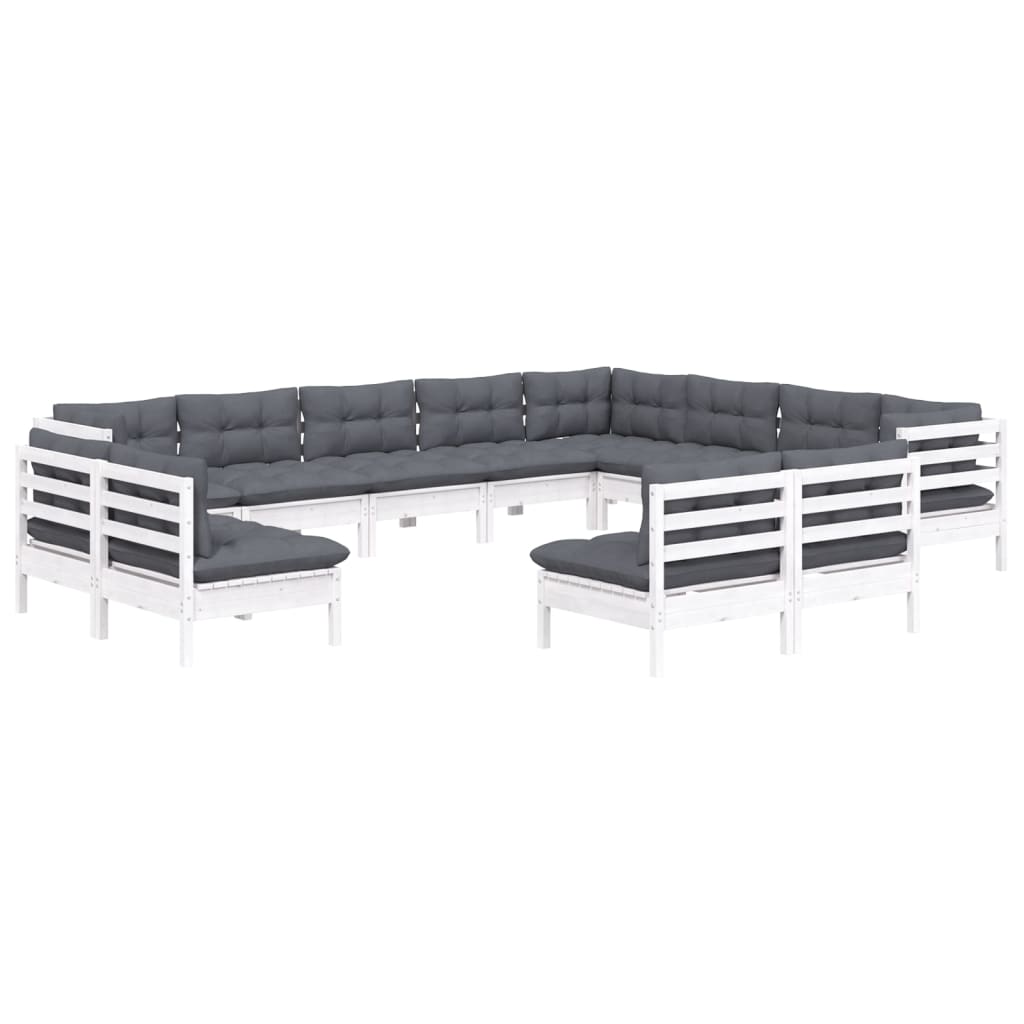 12 pcs conj. lounge de jardim c/ almofadões pinho maciço branco