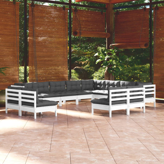 12 pcs conj. lounge de jardim c/ almofadões pinho maciço branco