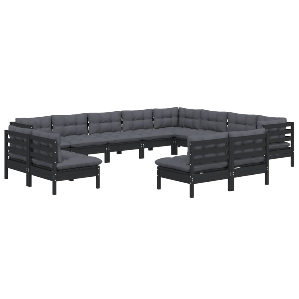 12 pcs conjunto lounge jardim c/ almofadões pinho maciço preto