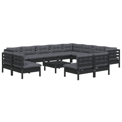 13 pcs conjunto lounge jardim c/ almofadões pinho maciço preto