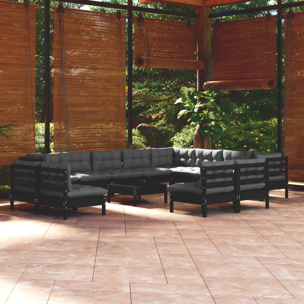 13 pcs conjunto lounge jardim c/ almofadões pinho maciço preto