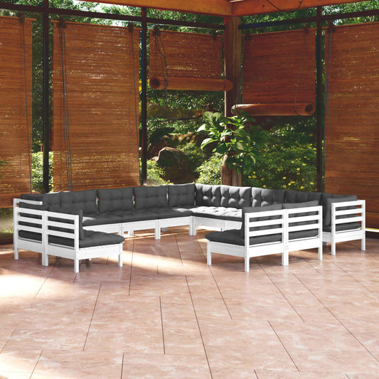 13 pcs conj. lounge de jardim c/ almofadões pinho maciço branco