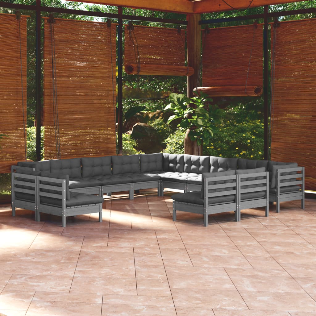 13pcs conjunto lounge de jardim + almofadões pinho maciço cinza