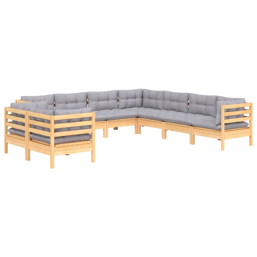 9 pcs conjunto lounge de jardim + almofadões cinza pinho maciço