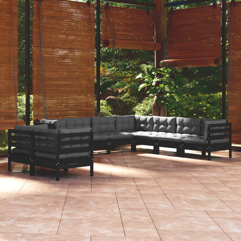 9 pcs conjunto lounge jardim c/ almofadões pinho maciço preto