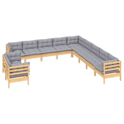 11pcs conjunto lounge de jardim + almofadões cinza pinho maciço