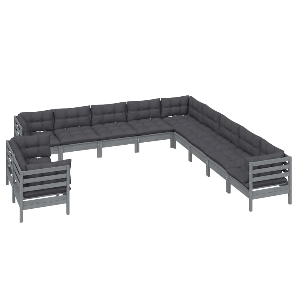 11pcs conjunto lounge de jardim + almofadões pinho maciço cinza