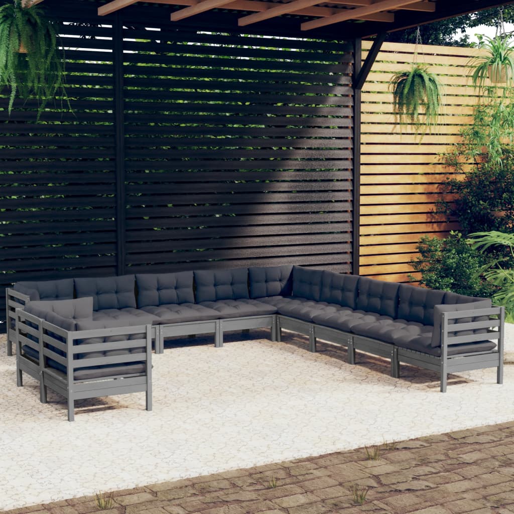 11pcs conjunto lounge de jardim + almofadões pinho maciço cinza