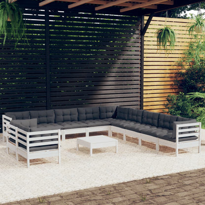 12 pcs conj. lounge de jardim c/ almofadões pinho maciço branco