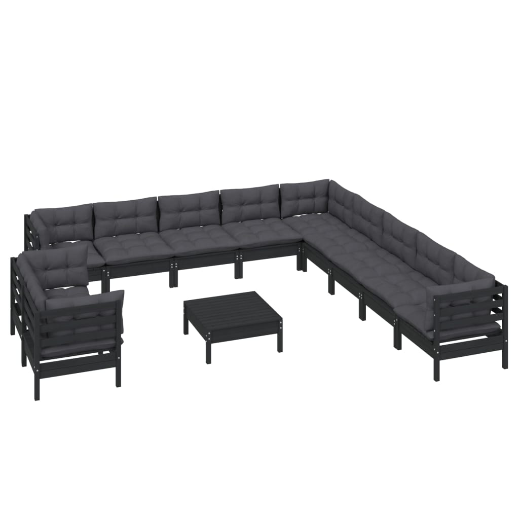 12 pcs conjunto lounge jardim c/ almofadões pinho maciço preto