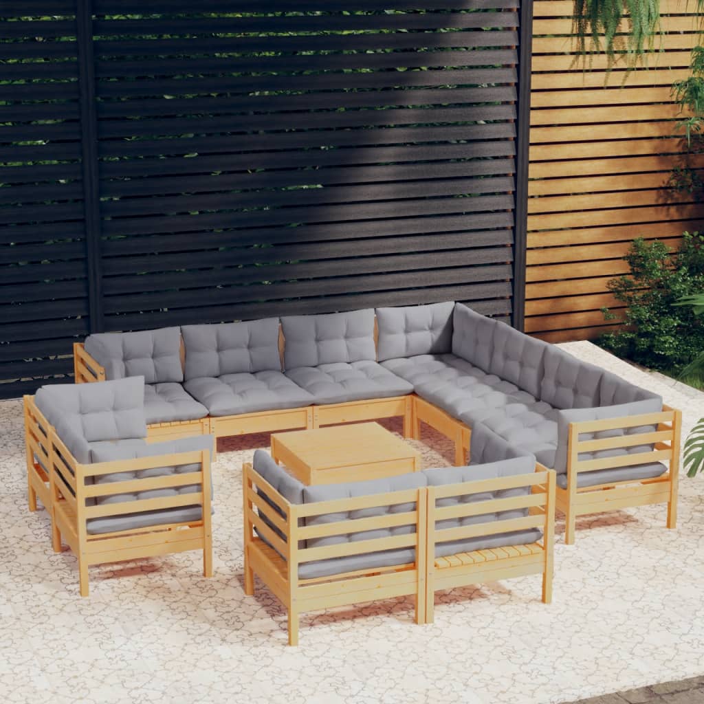 12pcs conjunto lounge de jardim + almofadões cinza pinho maciço