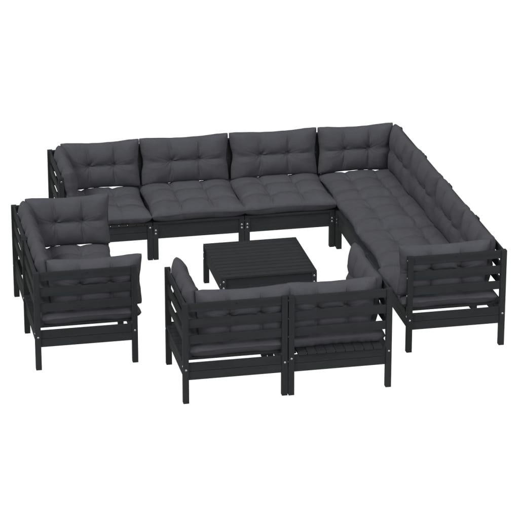 12 pcs conjunto lounge jardim c/ almofadões pinho maciço preto