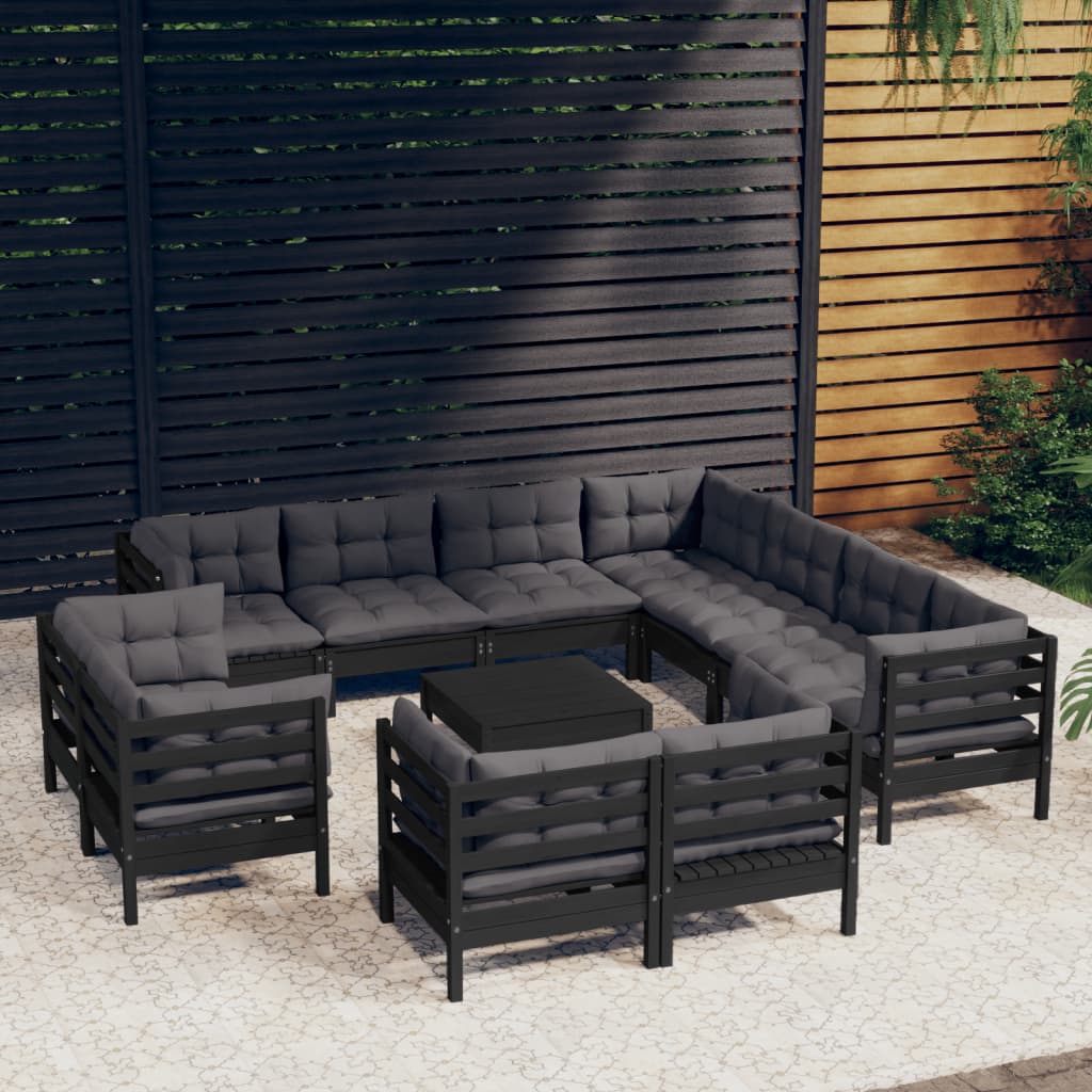 12 pcs conjunto lounge jardim c/ almofadões pinho maciço preto