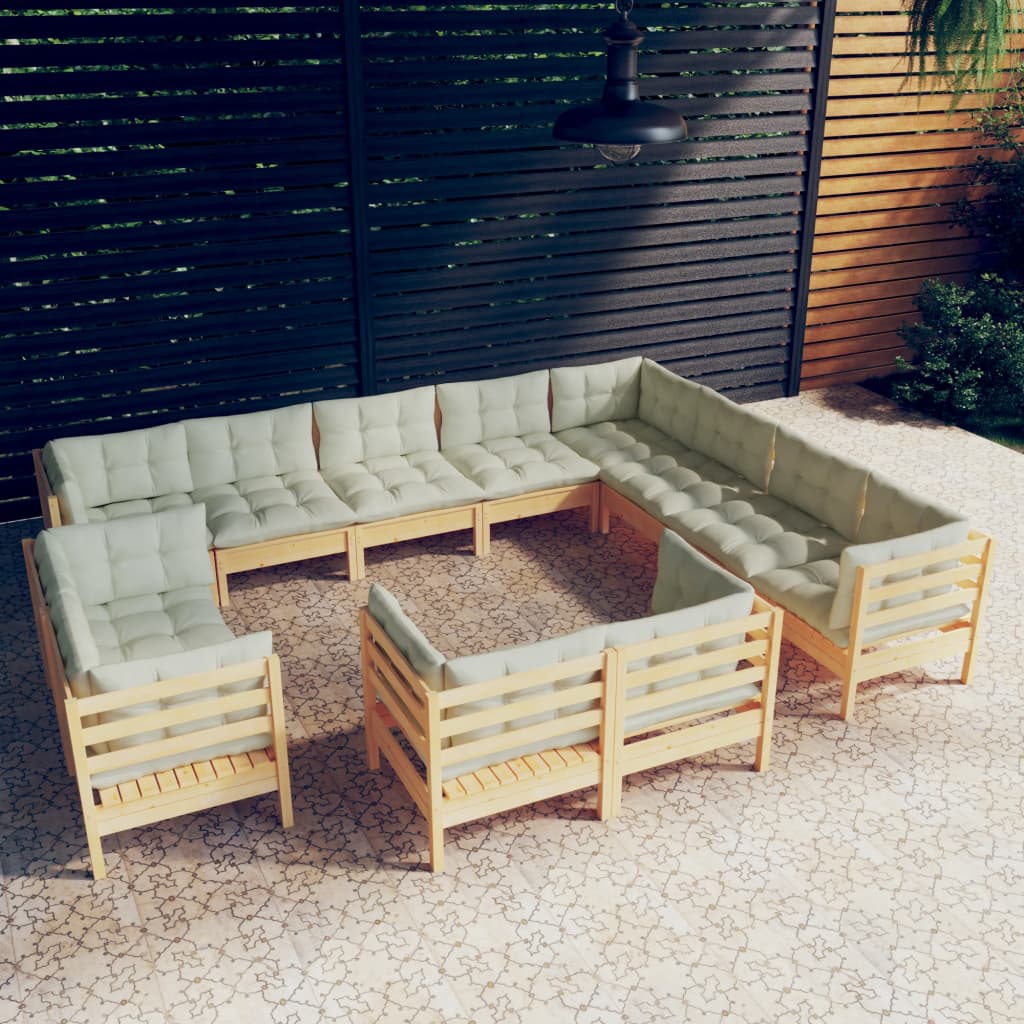 12 pcs conjunto lounge jardim c/ almofadões creme pinho maciço