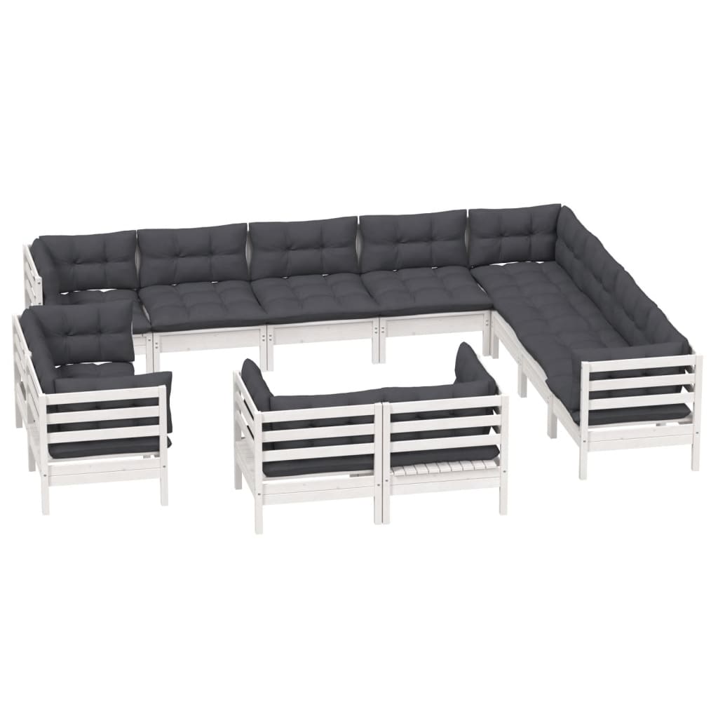 12 pcs conj. lounge de jardim c/ almofadões pinho maciço branco