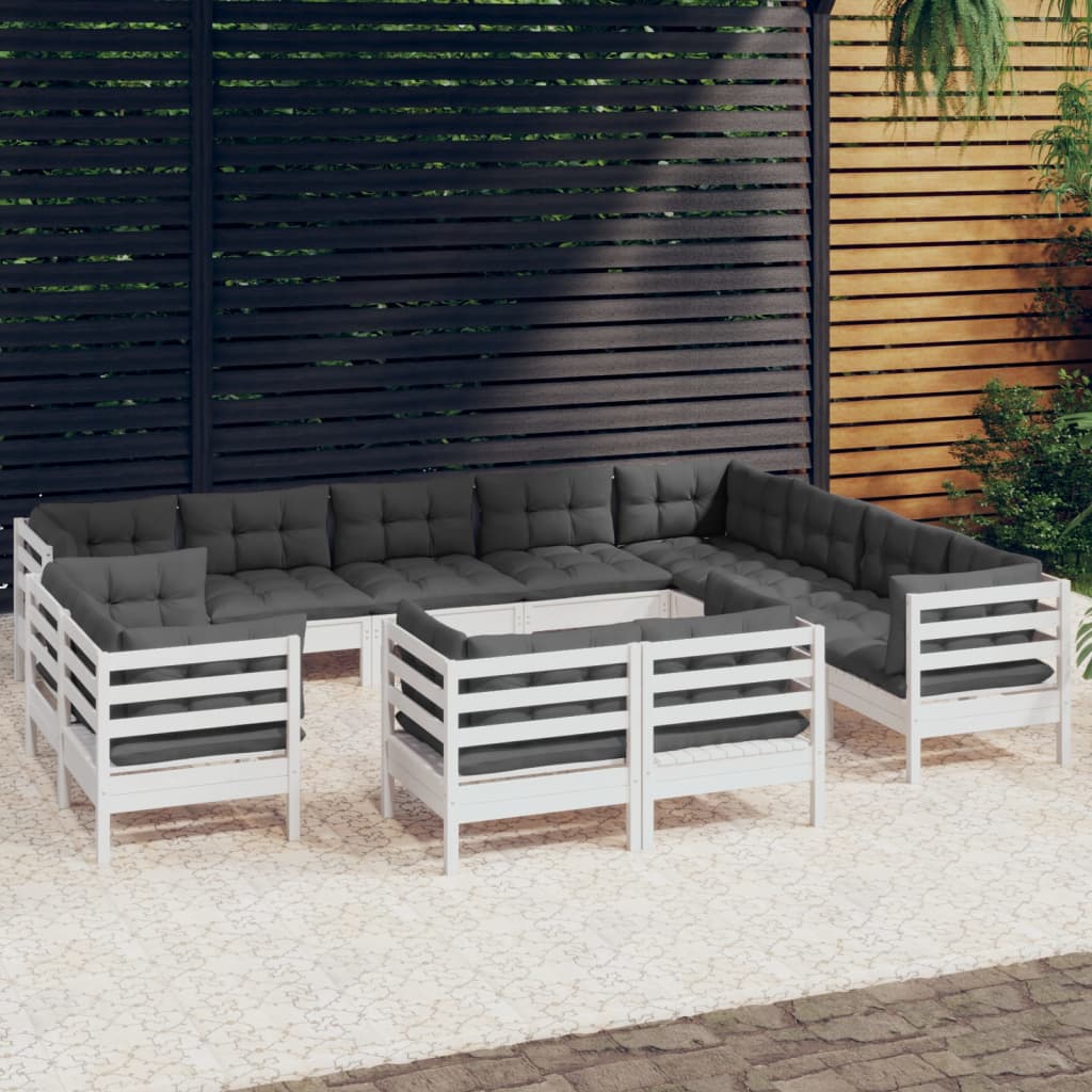 12 pcs conj. lounge de jardim c/ almofadões pinho maciço branco