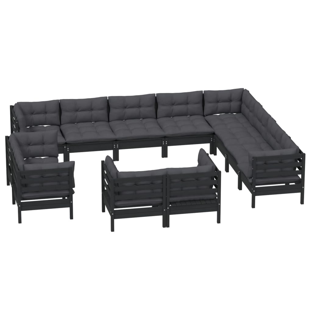 12 pcs conjunto lounge jardim c/ almofadões pinho maciço preto