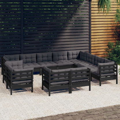 12 pcs conjunto lounge jardim c/ almofadões pinho maciço preto