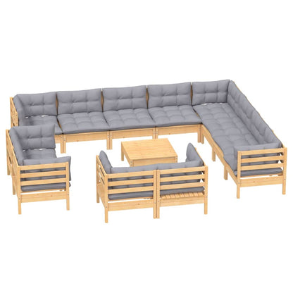 13pcs conjunto lounge de jardim + almofadões cinza pinho maciço