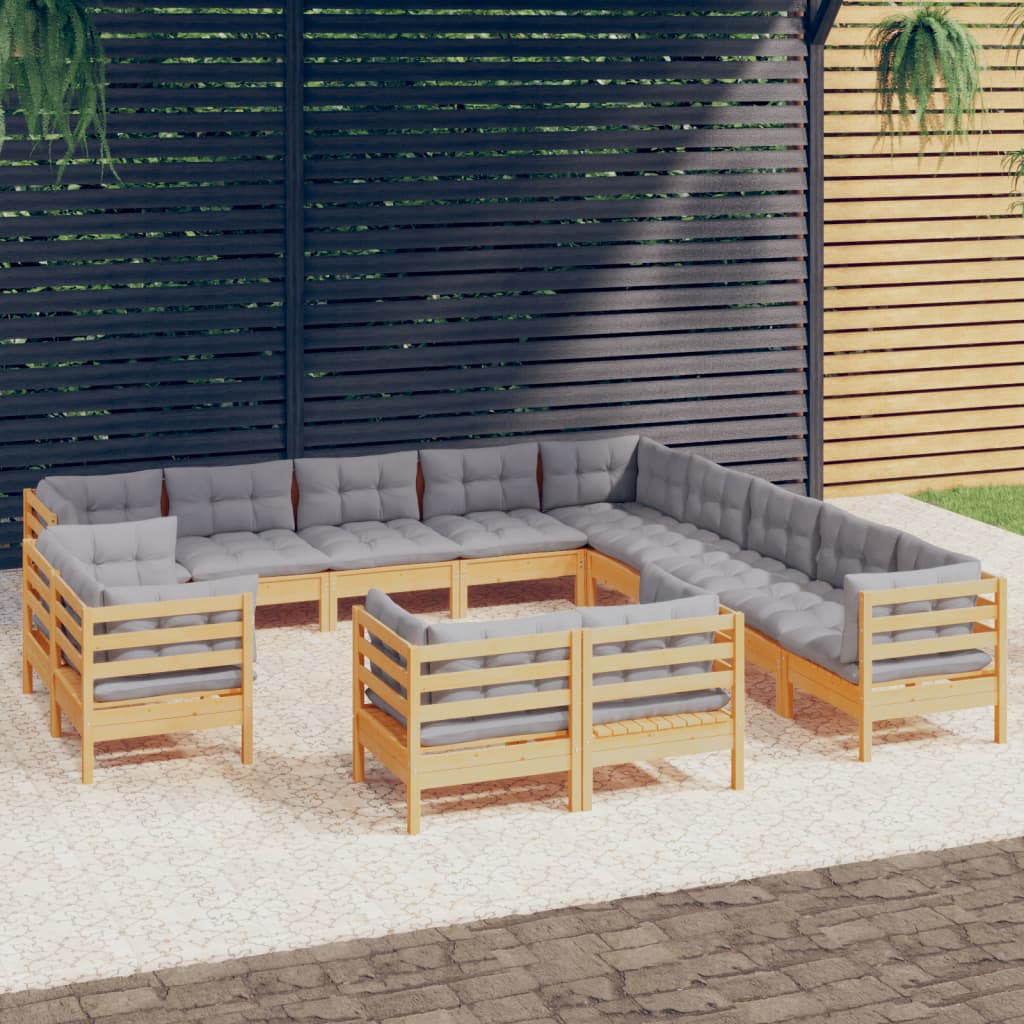 13pcs conjunto lounge de jardim + almofadões cinza pinho maciço