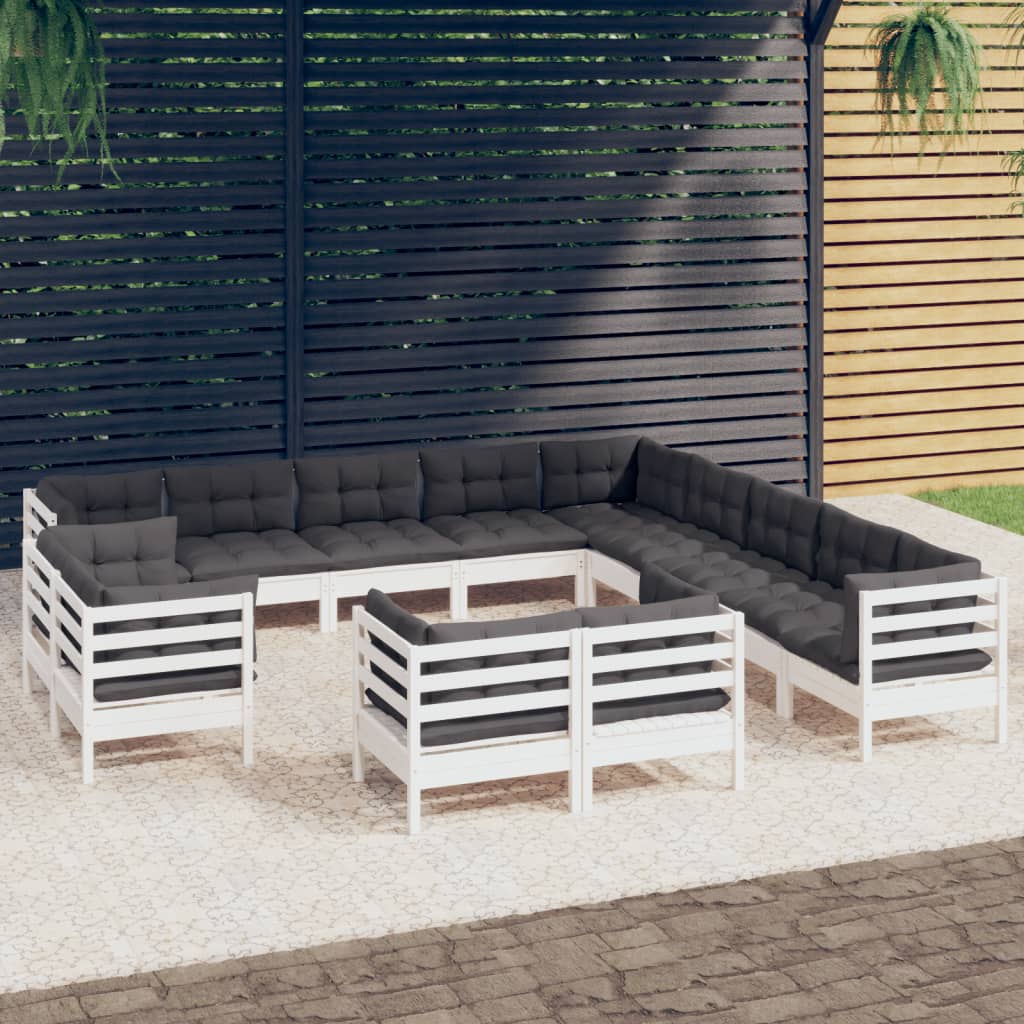 13 pcs conj. lounge de jardim c/ almofadões pinho maciço branco