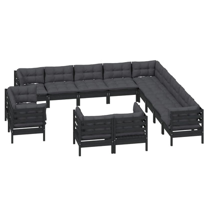 13 pcs conjunto lounge jardim c/ almofadões pinho maciço preto