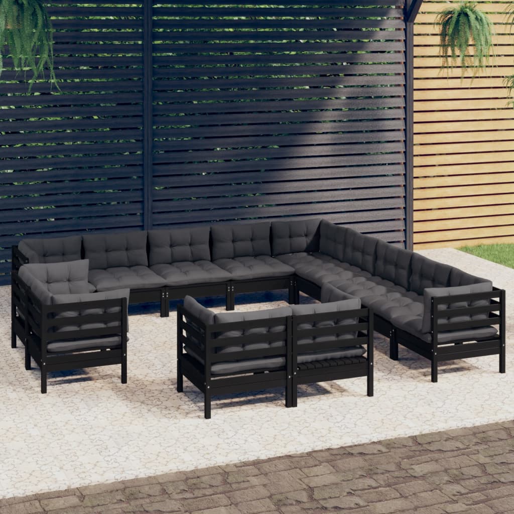 13 pcs conjunto lounge jardim c/ almofadões pinho maciço preto