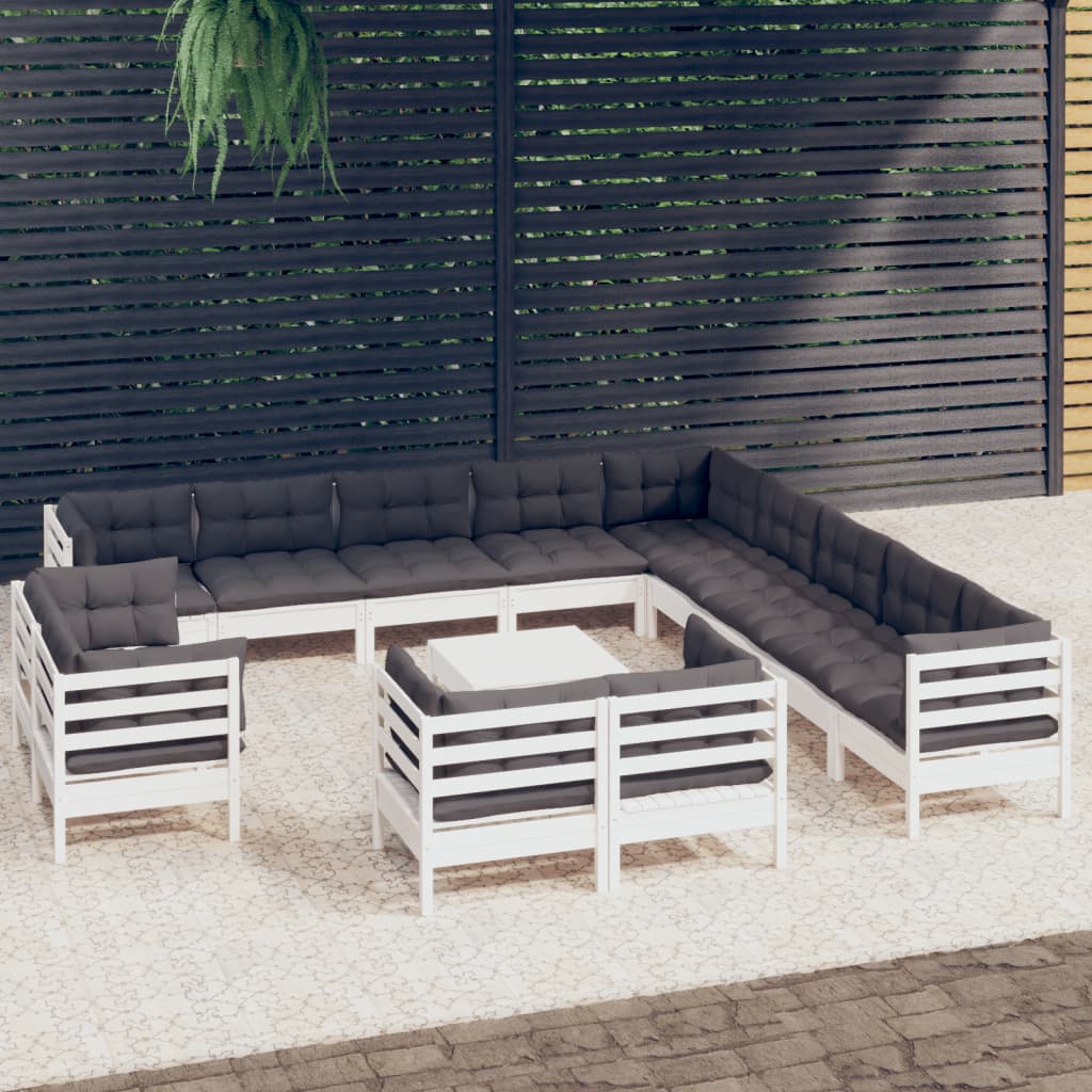 14 pcs conj. lounge de jardim c/ almofadões pinho maciço branco