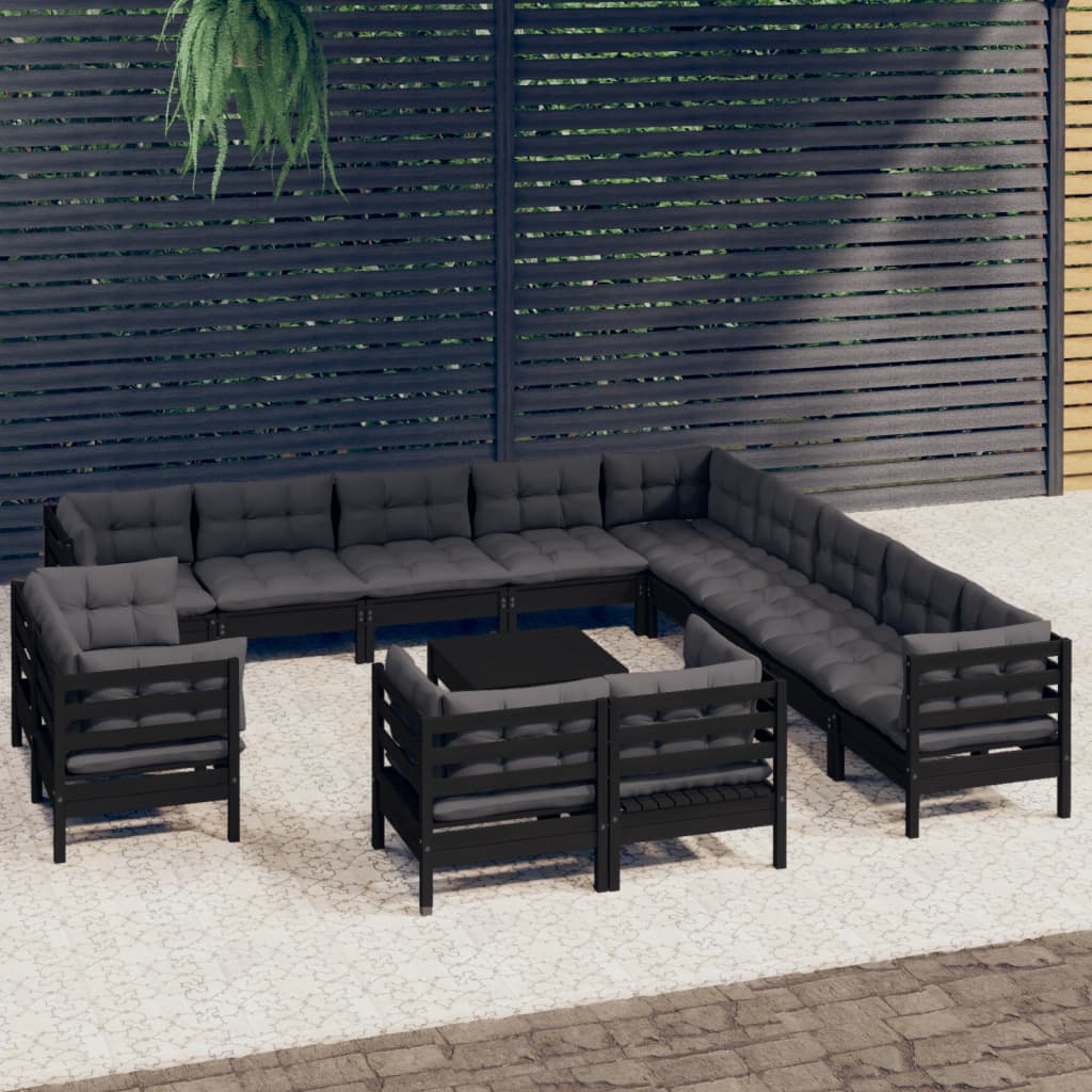 14 pcs conjunto lounge jardim c/ almofadões pinho maciço preto