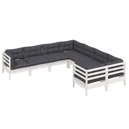 8 pcs conj. lounge de jardim c/ almofadões pinho maciço branco