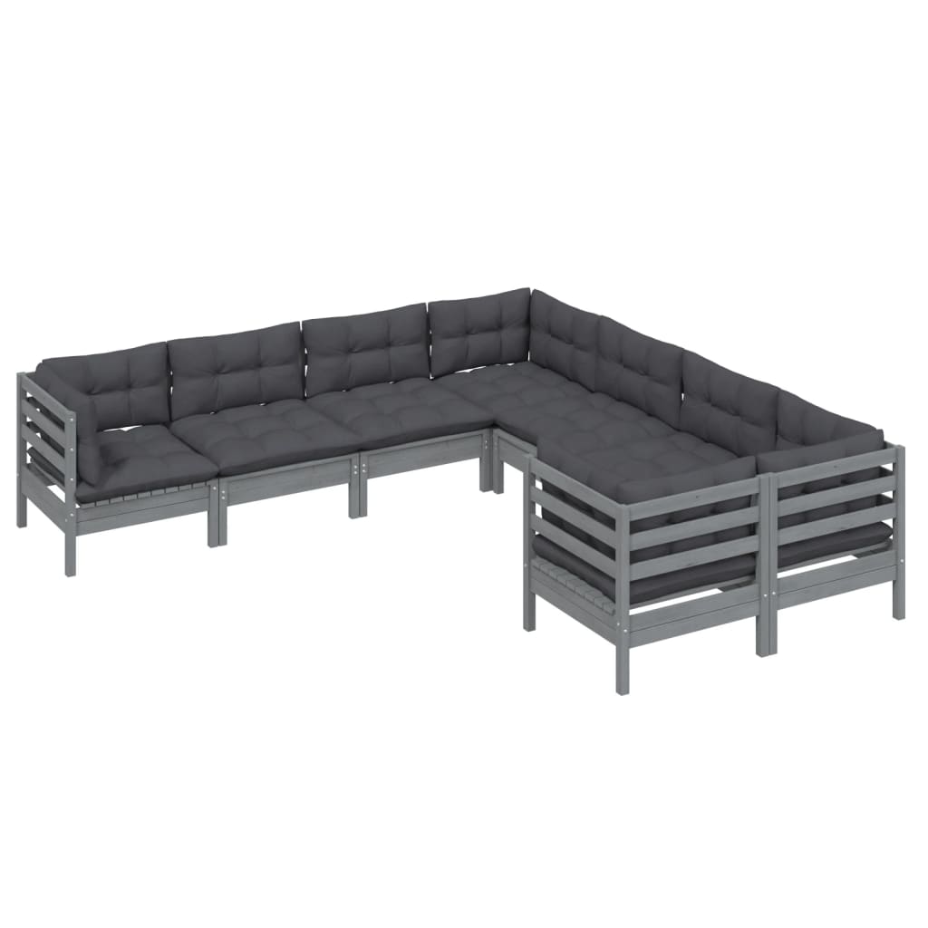 8 pcs conjunto lounge de jardim + almofadões pinho maciço cinza