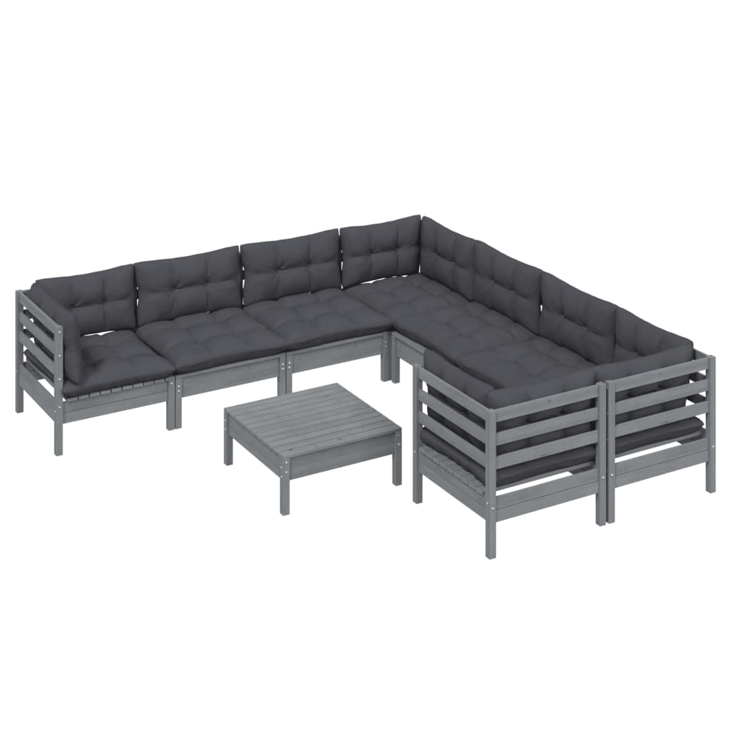 9 pcs conjunto lounge de jardim c/ almofadões pinho cinza