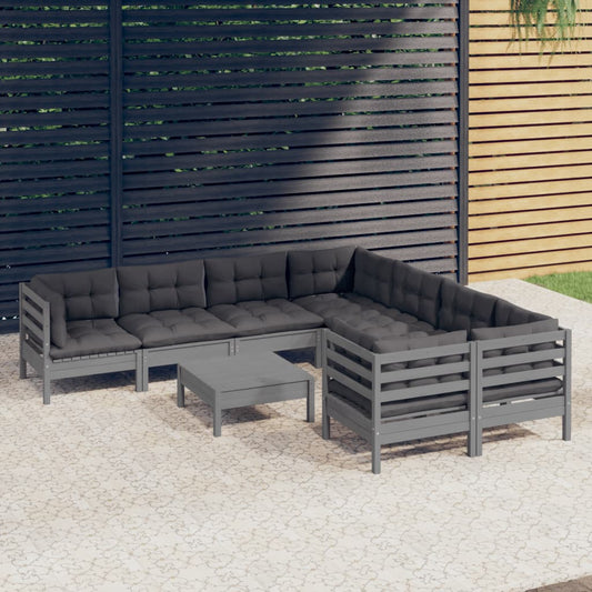 9 pcs conjunto lounge de jardim c/ almofadões pinho cinza