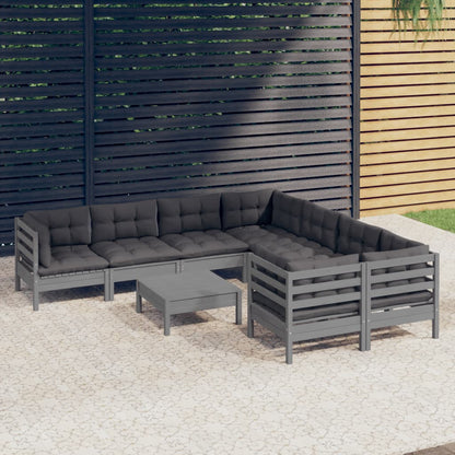 9 pcs conjunto lounge de jardim c/ almofadões pinho cinza