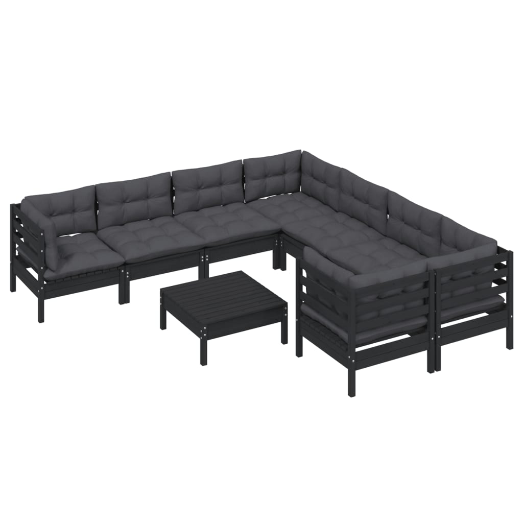 9 pcs conjunto lounge de jardim c/ almofadões pinho preto