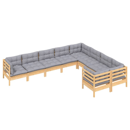 9 pcs conjunto lounge de jardim c/ almofadões cinzentos pinho