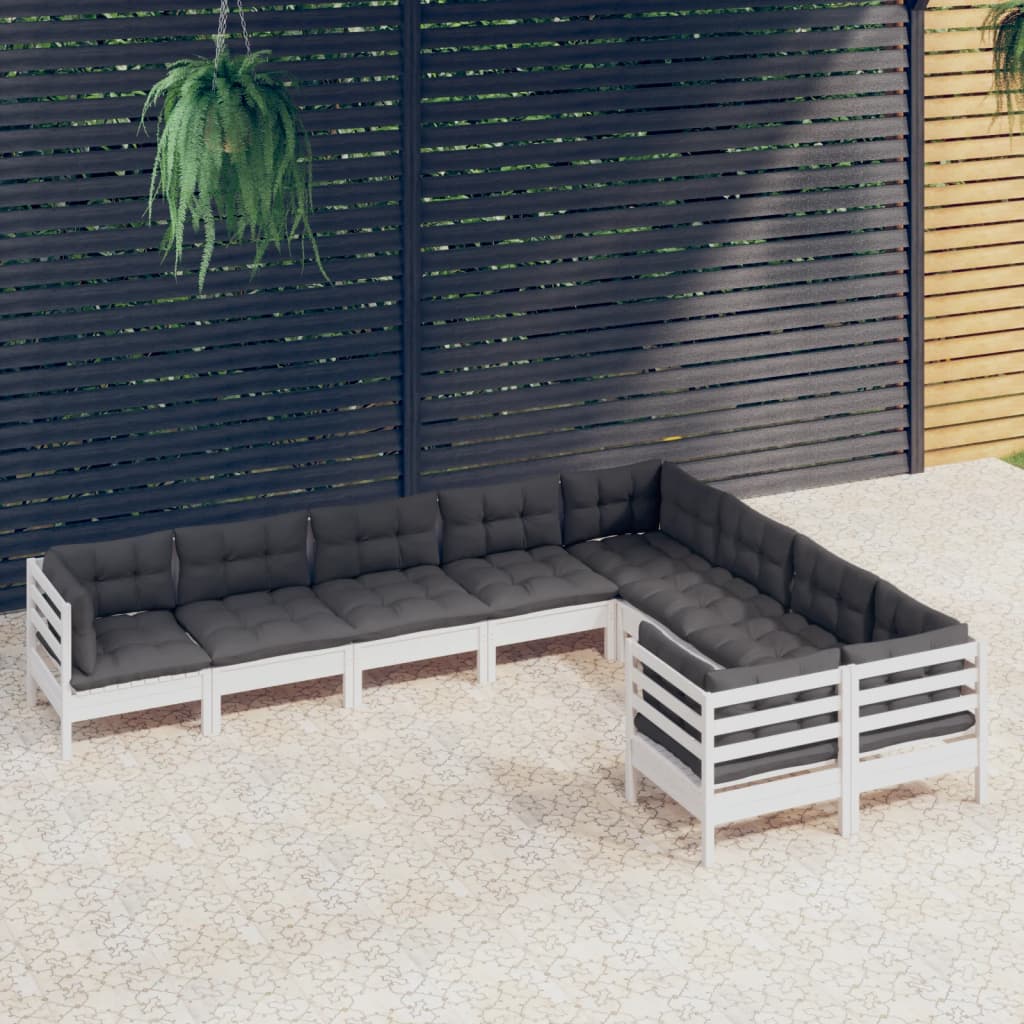 9 pcs conjunto lounge de jardim c/ almofadões pinho branco