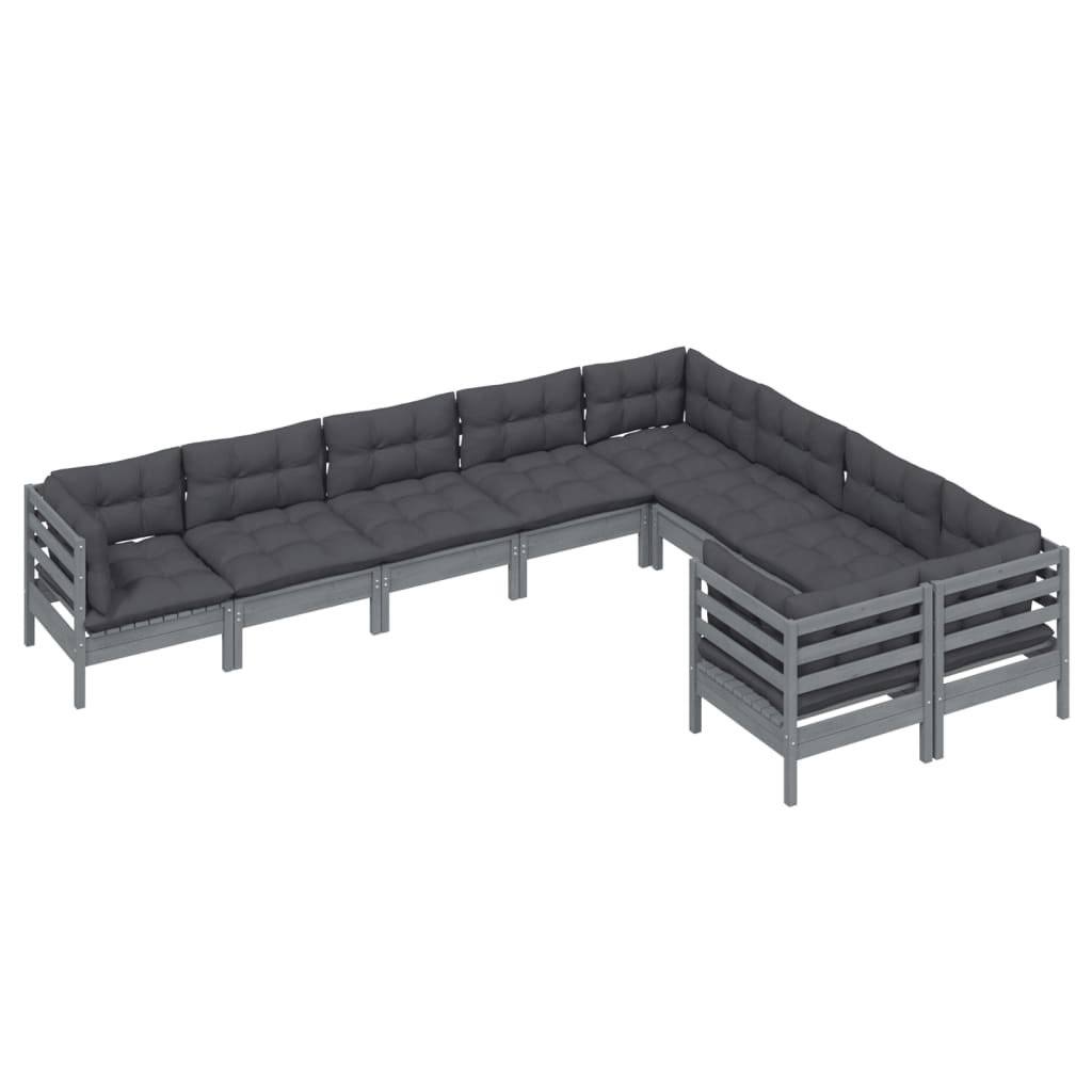 9 pcs conjunto lounge de jardim c/ almofadões pinho cinza