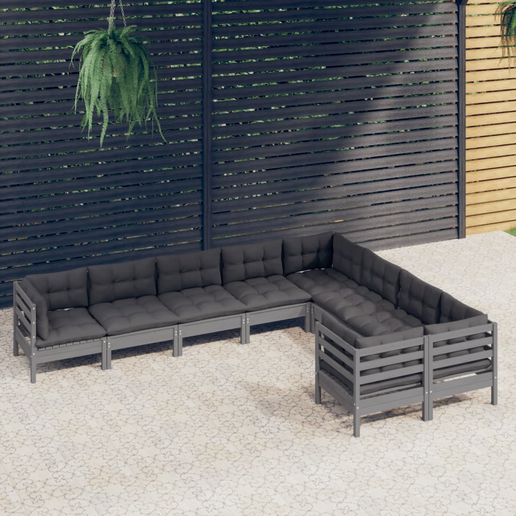 9 pcs conjunto lounge de jardim c/ almofadões pinho cinza