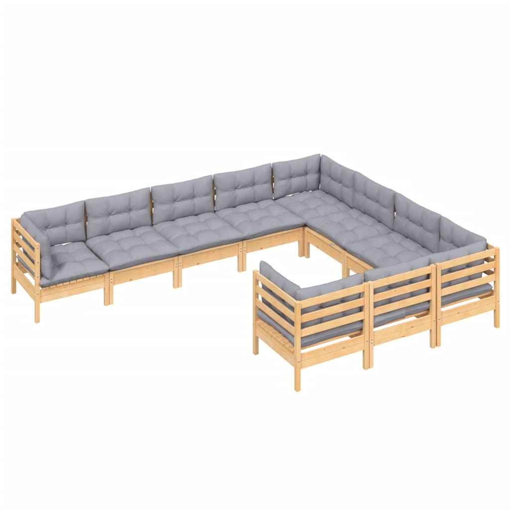 Conjunto Lounge de Jardim - 10 Pcs c/ Almofadões Cor Cinza -  Em Pinho Maciço