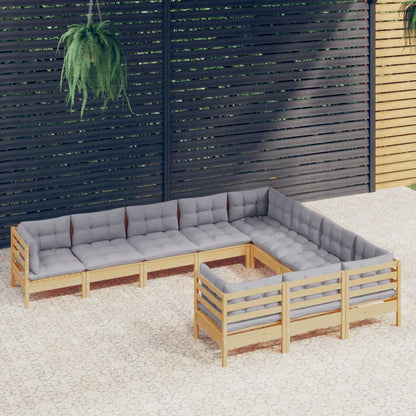 Conjunto Lounge de Jardim - 10 Pcs c/ Almofadões Cor Cinza -  Em Pinho Maciço