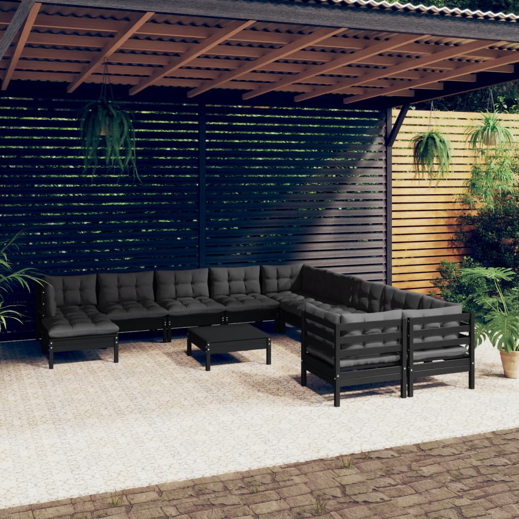 12 pcs conjunto lounge de jardim c/ almofadões pinho preto