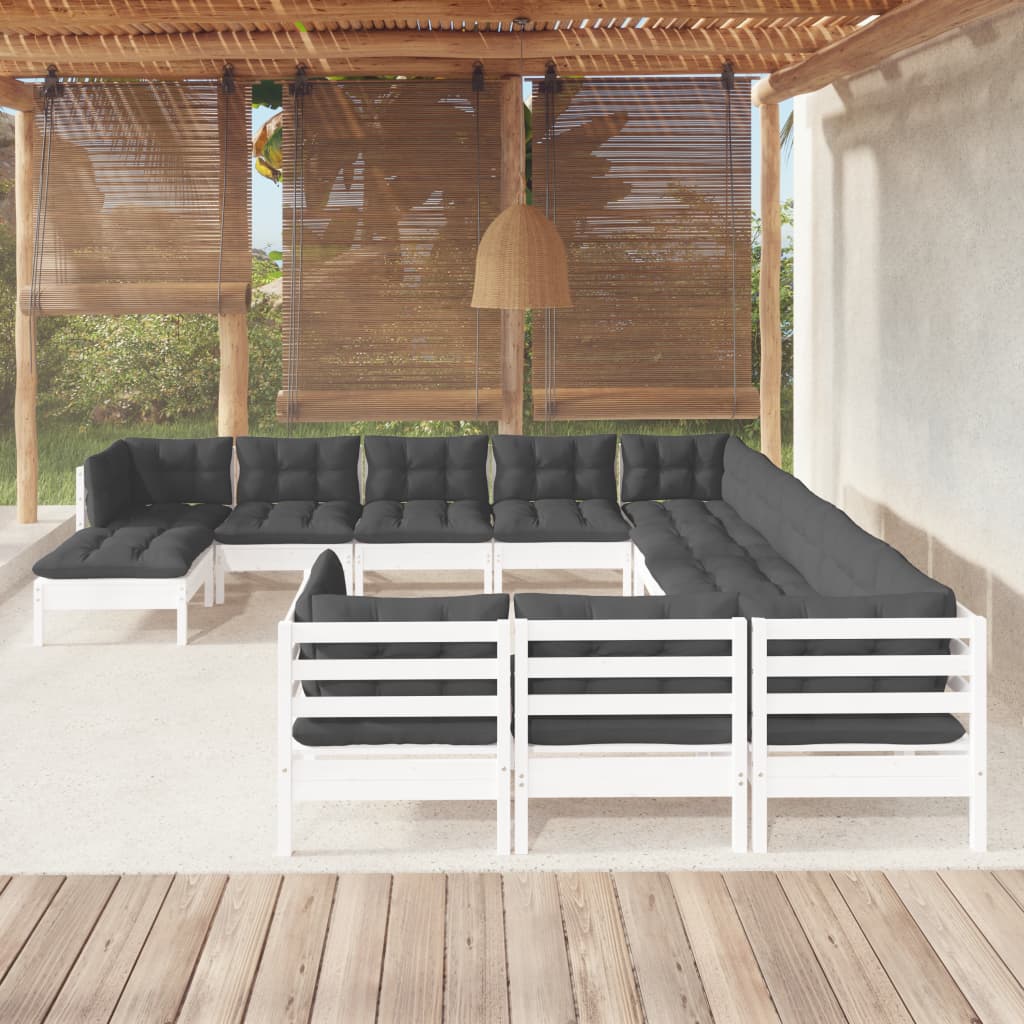 12 pcs conjunto lounge de jardim c/ almofadões pinho branco